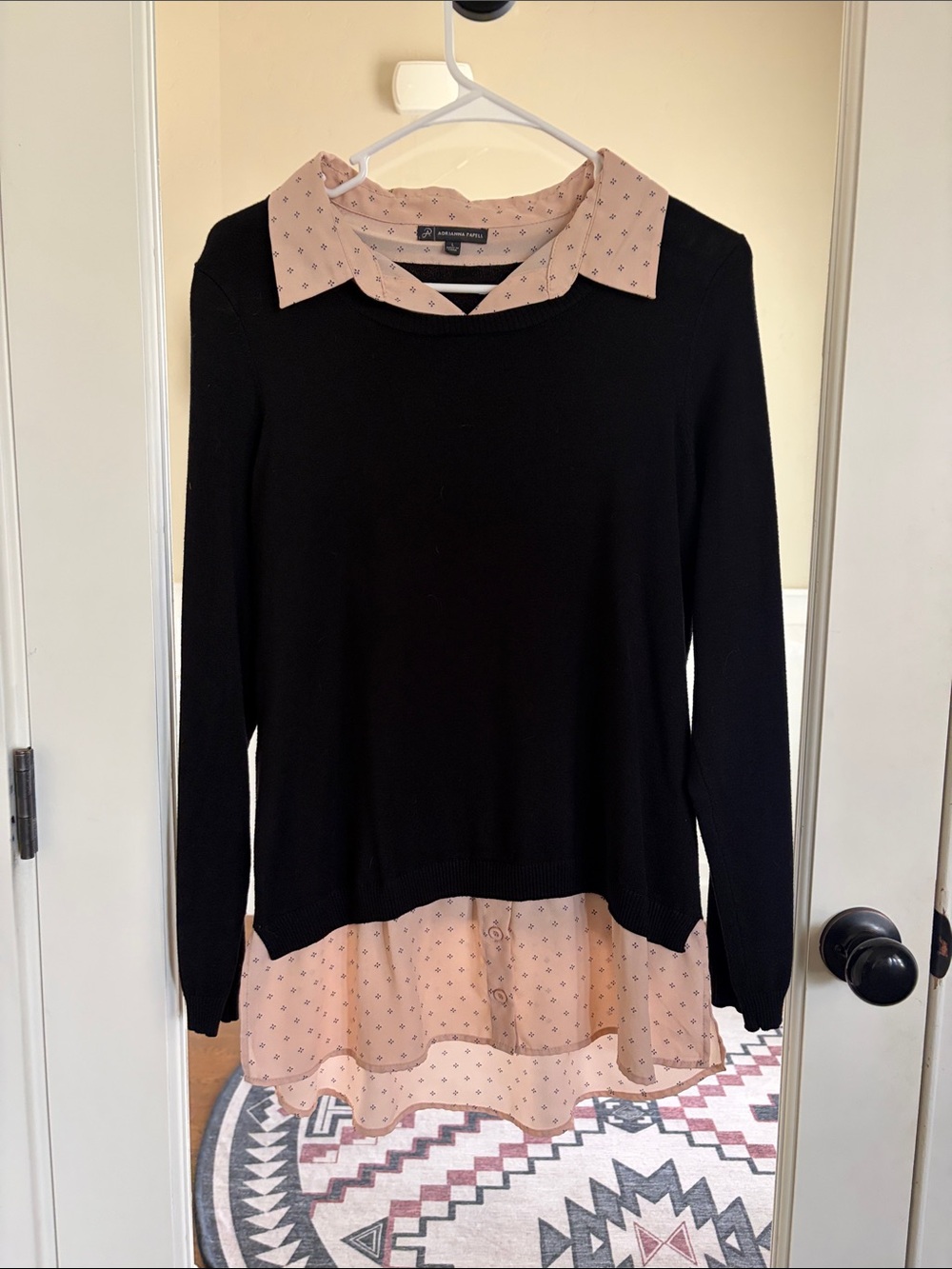 Adrianna Papell Black Sweater Tunic with Pink Printed Collar & Hem